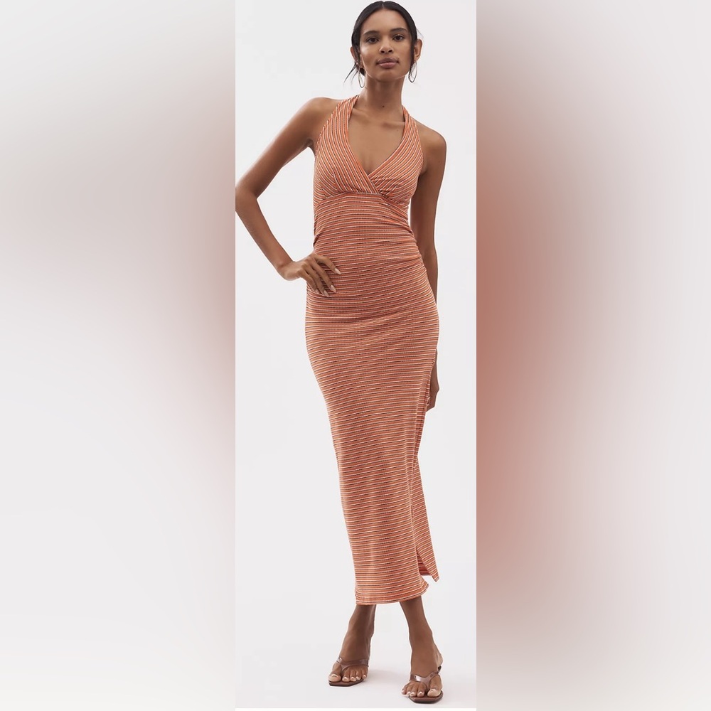 Pilcro High Tide Halter Slim Midi Dress-Orange Stripe
Size Medium